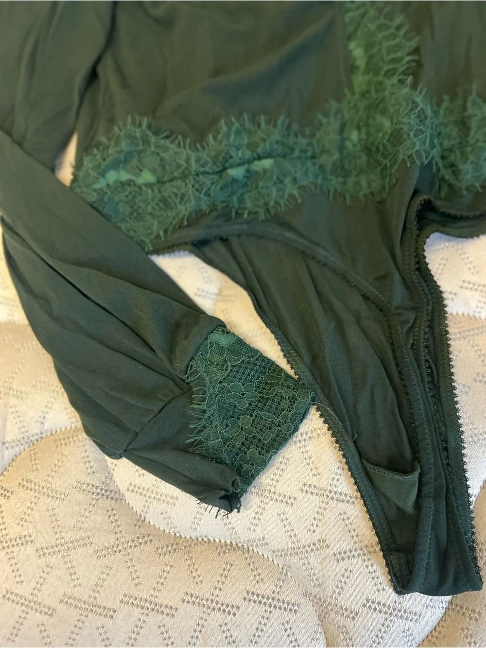 Free People Forest Green Lace Long Sleeve Bodysuit